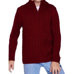 Kids Cable Knit Quarter Zip Pullover Sweater Burgundy Holiday Photos Winter Warm